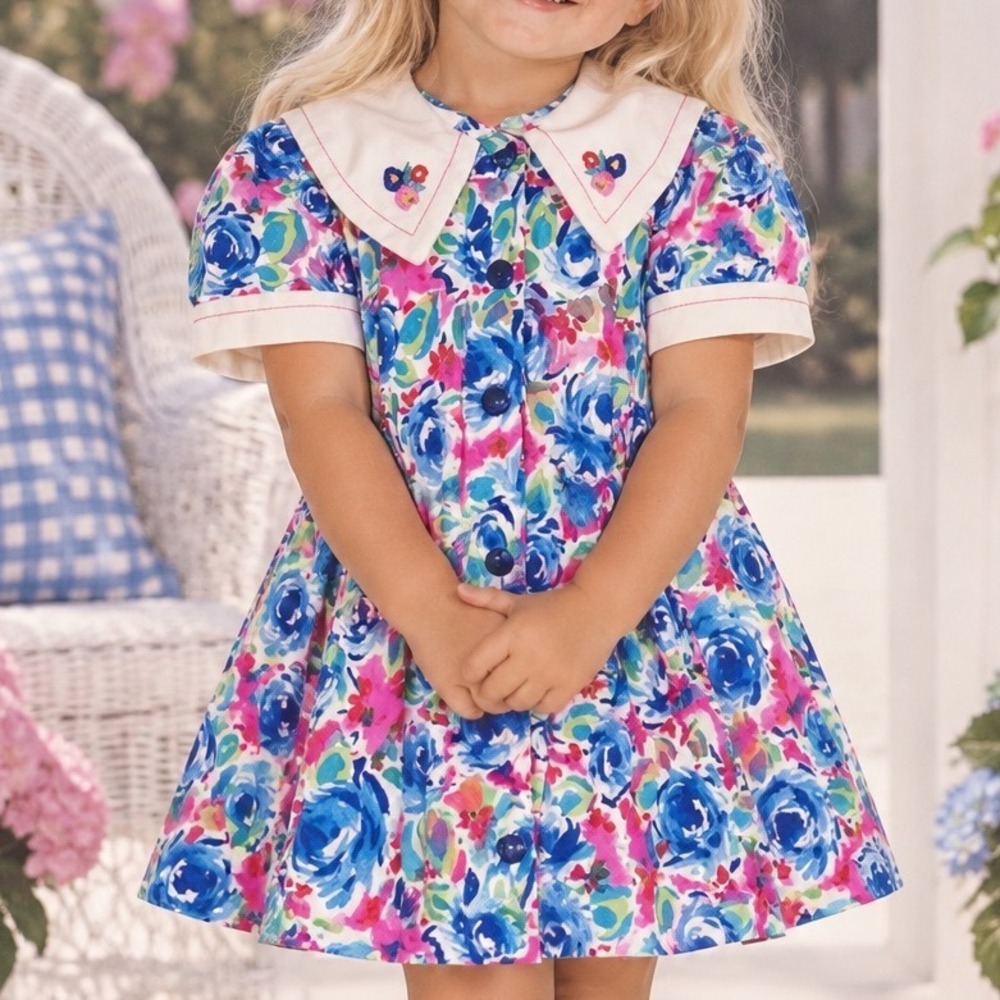 Vtg 90s Carters Girls 3T Floral Dress Blue Pink Rose Peter Pan Collar USA D2